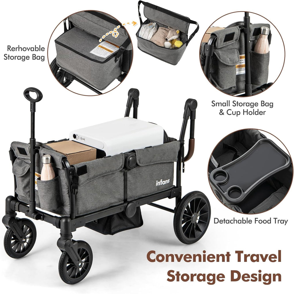 INFANS Wagon Stroller for 2 Kids, Collapsible Adjustable Push Pull Handle Bar, 2 Seater Stroller Wagon with Removable Canopy Snack Tray, Comfortable Drop-Down footwell and Upholstered Seats
