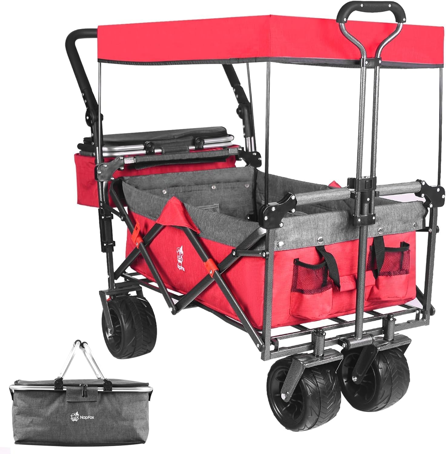 All Terrain Collapsible Wagon Cart with Big Wheels, 350 Pound Capacity Heavy Duty Enlarged Utility Folding Beach Garden Wagon Cart with Brake & Adjustable Handle for Outdoor Camping Shopping Red