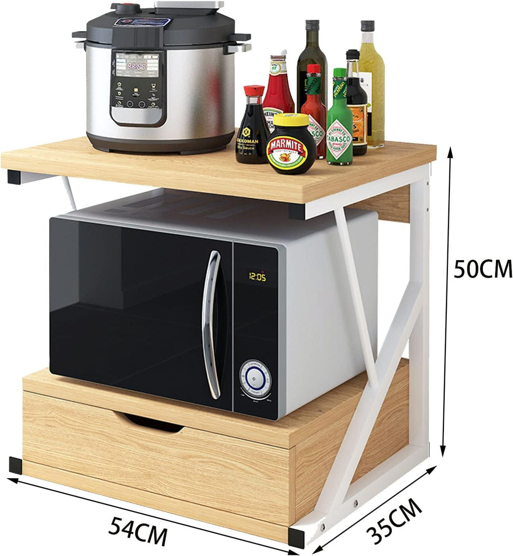 Kitchen Organizer Microwave Storage Rack 2-Tier Kitchen Baker's Rack, Microwave Oven Rack Kitchen Counter Storage Organizer, Wood Kitchen Shelf Rack with Drawer Stand/Wood Color