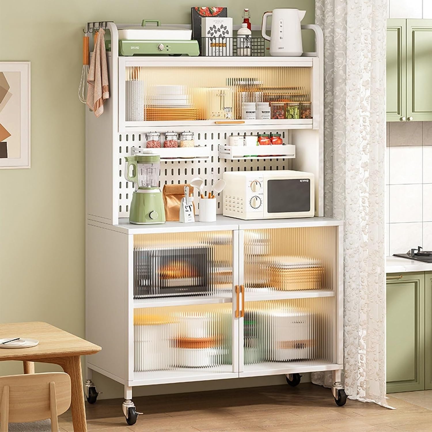 5-Tier Kitchen Baker's Rack with Flip Doors, Pegboards, Pull-Out Drawer & Wheels, Large Metal Storage Shelves