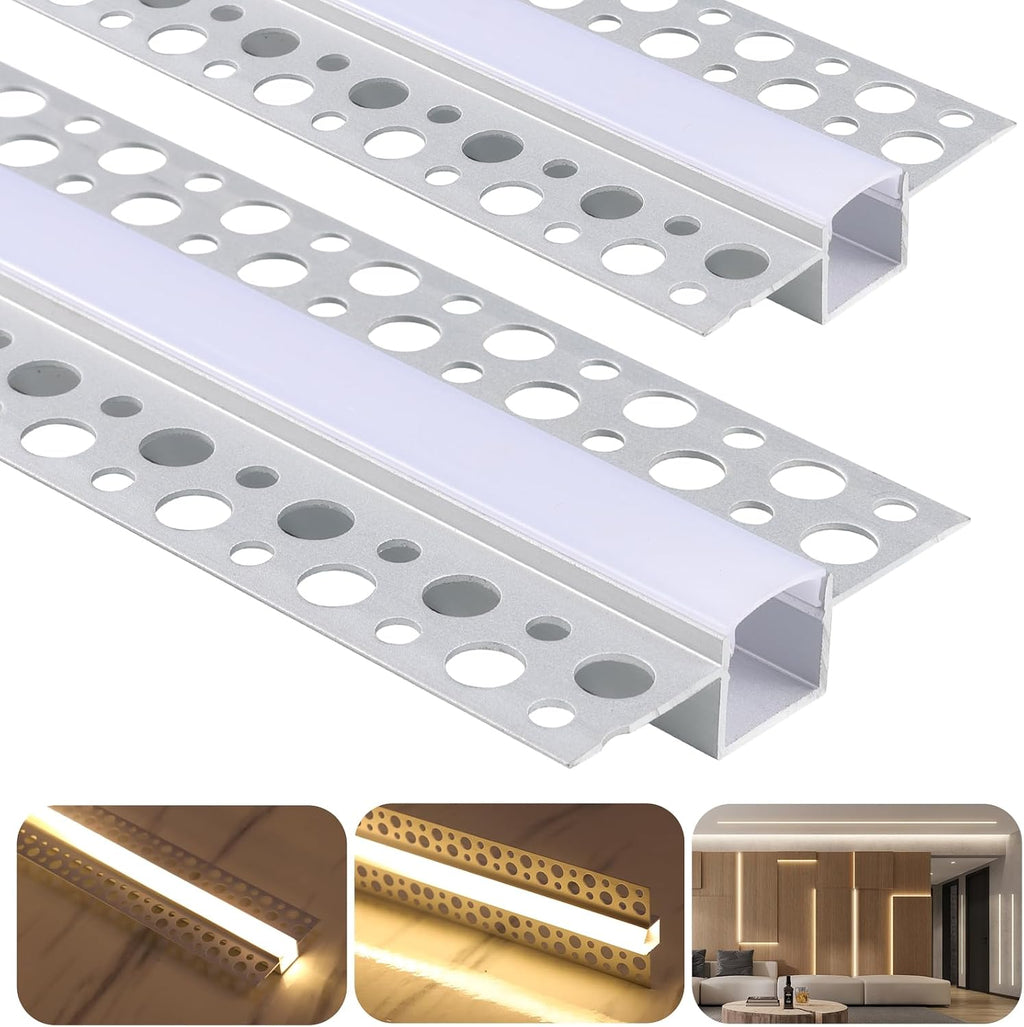 10 Pack Plaster-in LED Channel 6.6FT/2M Recessed Drywall Aluminum Strip Lighting Track with White Diffuser for Light Tape Mounting Profile