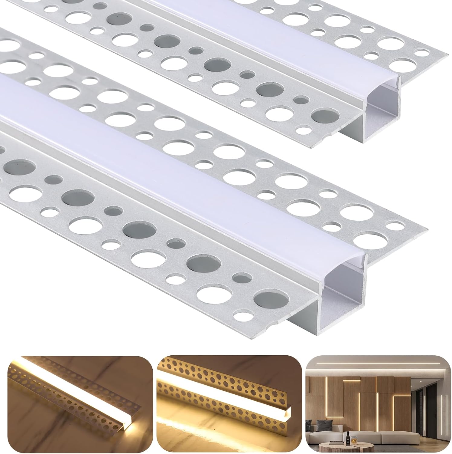 10 Pack Plaster-in LED Channel 6.6FT/2M Recessed Drywall Aluminum Strip Lighting Track with White Diffuser for Light Tape Mounting Profile