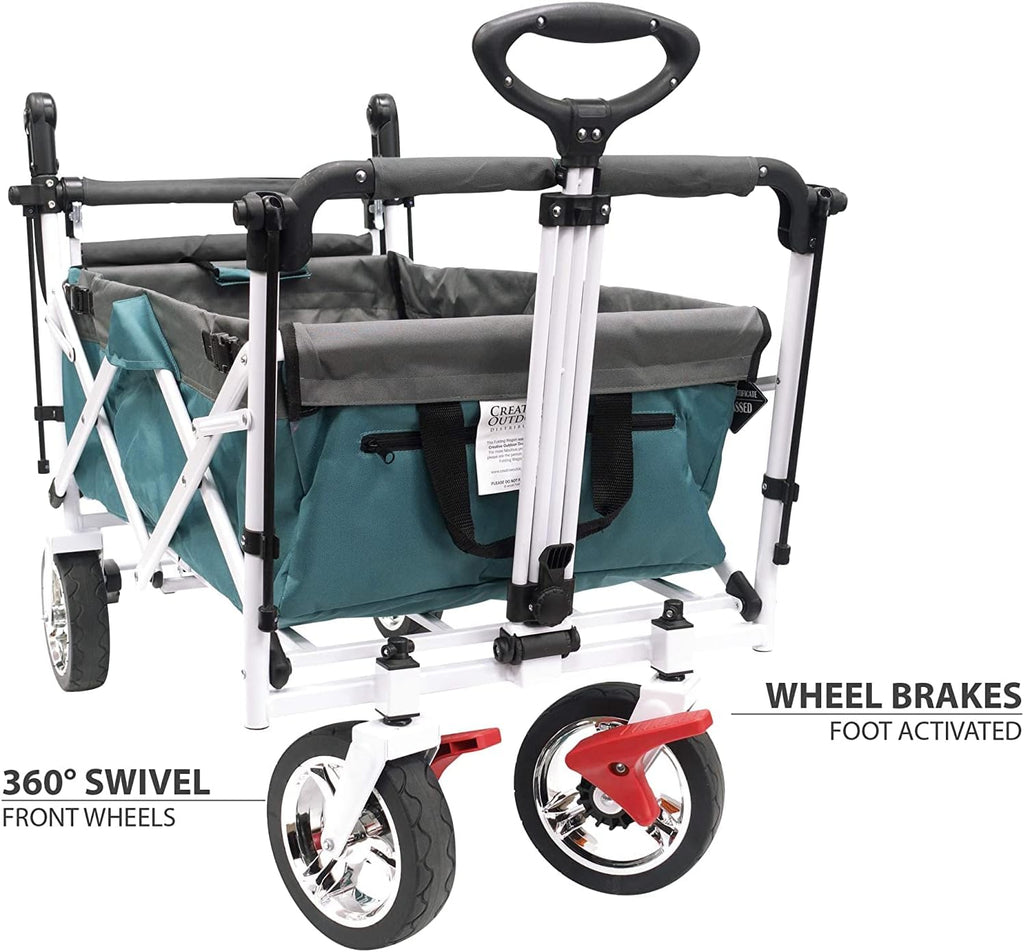Creative Outdoor Distributor Push and Pull Double Stroller with Removable Canopy and Seat Belt Harnesses Collapsible Folding Garden Cart, Adjstable Handle, Beach Wagon
