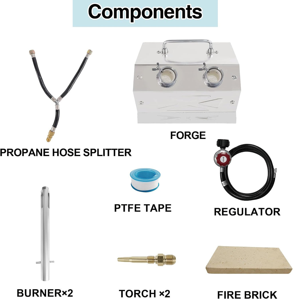 Nelyrho Propane Blacksmith Forge Kit with 30PSl Requlator, Made of Stainless Steel, for Blacksmithing and Knife Making (2 Burner)