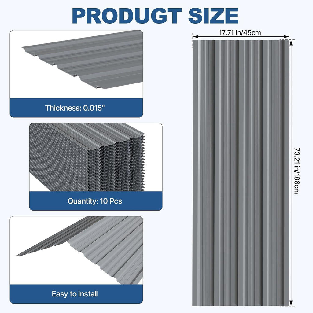10 Pack Corrugated Metal Roofing Panels, 6.1 ft Galvanized Steel Roof Sheets, 17.7 x 73.2 in, Approx. 90 sq.ft Total Panel Area, with Screws, for Sheds, Chicken Coops and Gazebos, Grey