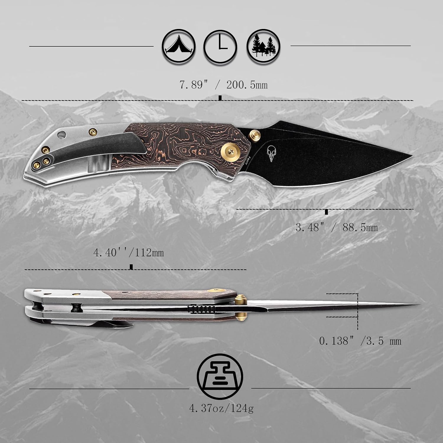 KANSEPT Fenrir Pocket Knife, 3.48' Blackwash CPM S35VN Harpoon Blade, Titanium Handle Copper Carbon Fiber Inlay, Thumb Stud & Liner Lock with Deep Clip EDC Knives for Camping Hunting Survival K1034A9