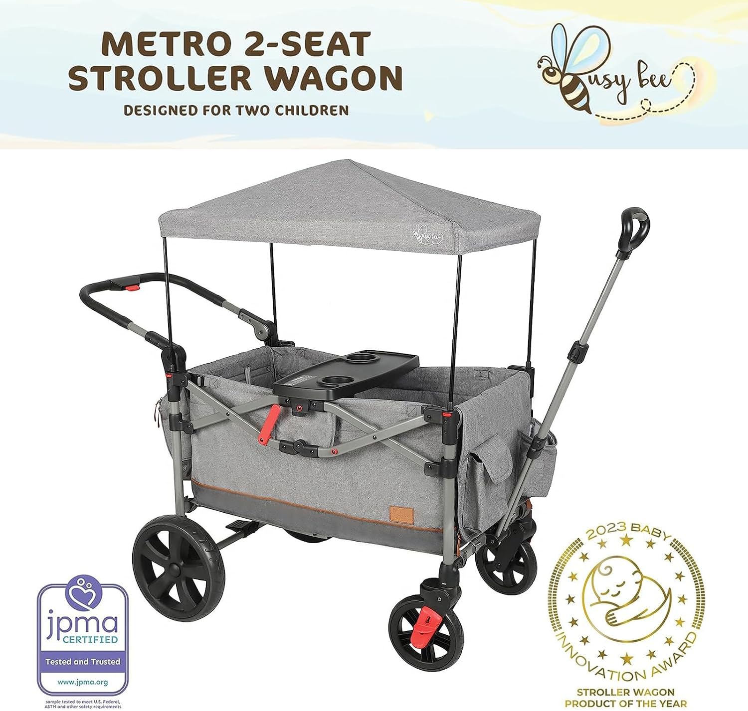 Busy Bee Foldable Wagon Stroller for 2 Kids, Push Pull Collapsible Kids Wagon with Adjustable Handle Bar, Removable Canopy, 5-Point Harness, Shock-Absorbing Wheels, Grey