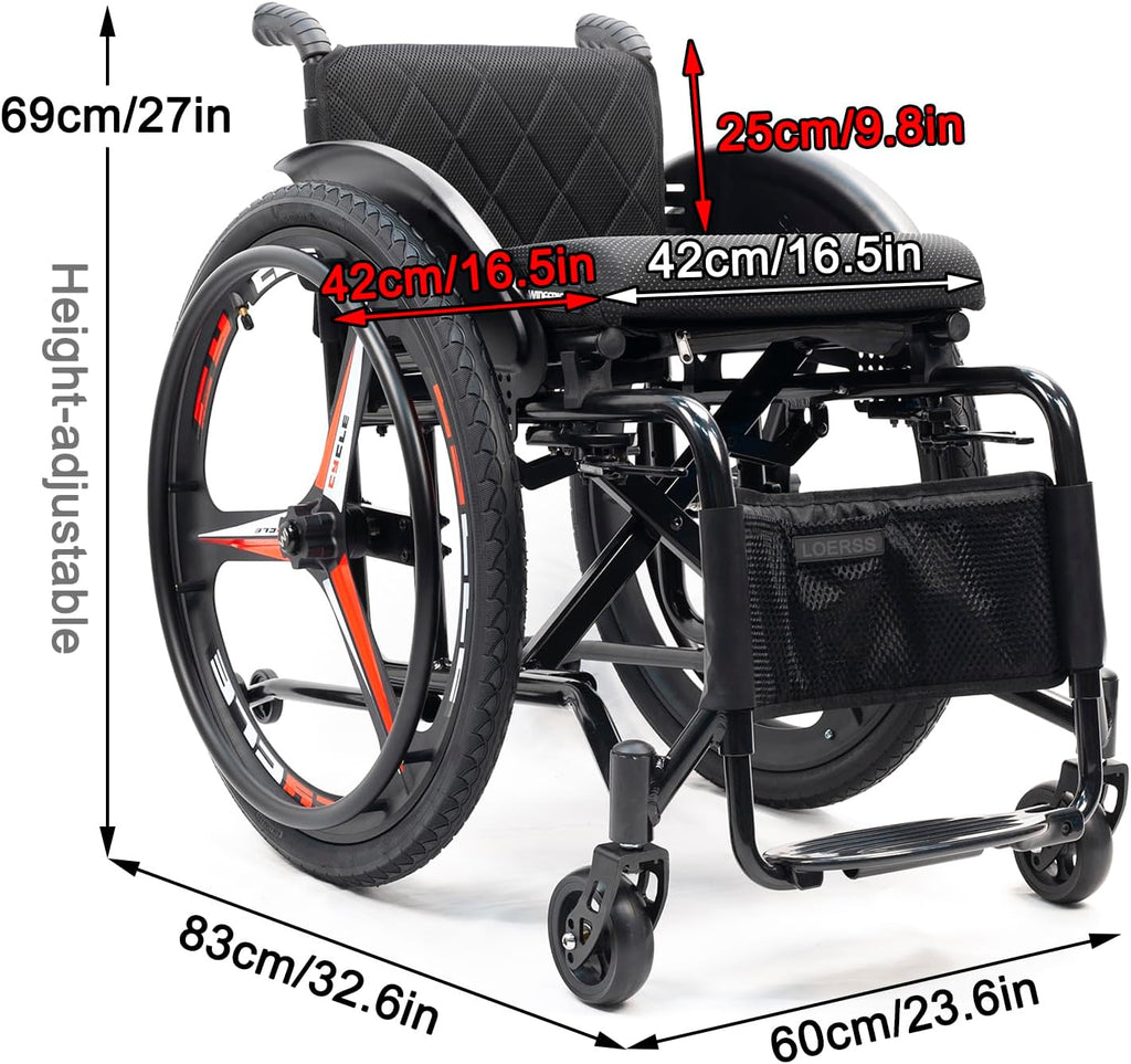 Portable All-Terrain Ultra Lightweight Sports Wheelchair,Foldable Self Propelled Aluminum Alloy Manual Wheel Chair,Transport Wheelchairs With Anti-Tipper,Load Capacity 220 Lbs(Size:42cm/16.5in,Color:B