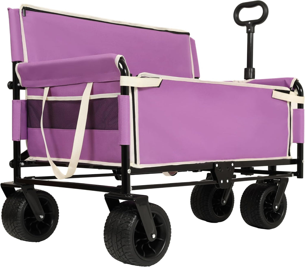 3 in 1 Convertible Folding Wagon Cart with Bench Seat Storage 500lbs Heavy Duty Utility Wagon, 180L Capacity All Terrain Wheels for Camping, Beach, Sports, Garden, Purple