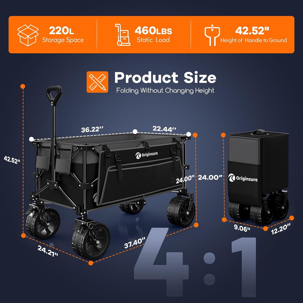 Originsure 220L Collapsible Wagon Cart Foldable, 460lbs Load Capacity Heavy Duty Folding Beach Wagons with Big All-Terrain Wheels, Utility Carts for Groceries, Shopping, Camping, Sports - Grey&Black