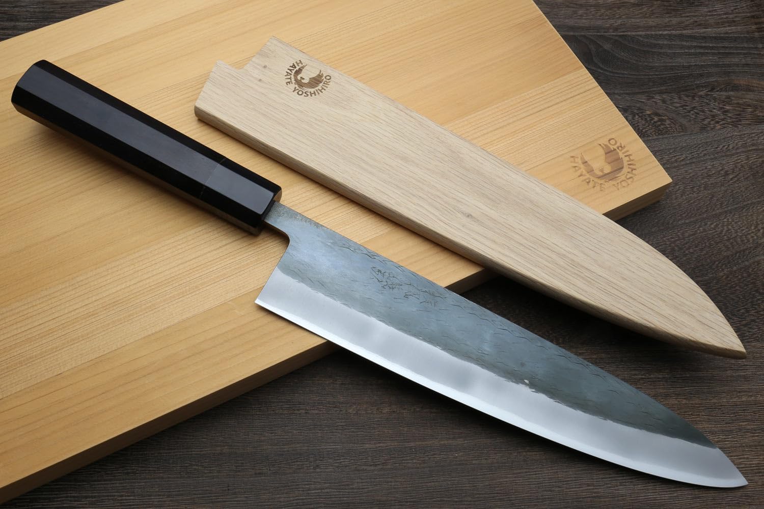 Yoshihiro Kurouchi Black-Forged Blue Steel Stainless Clad Gyuto Chefs Knife Ebony Handle (8.25'' (210mm) & Saya)