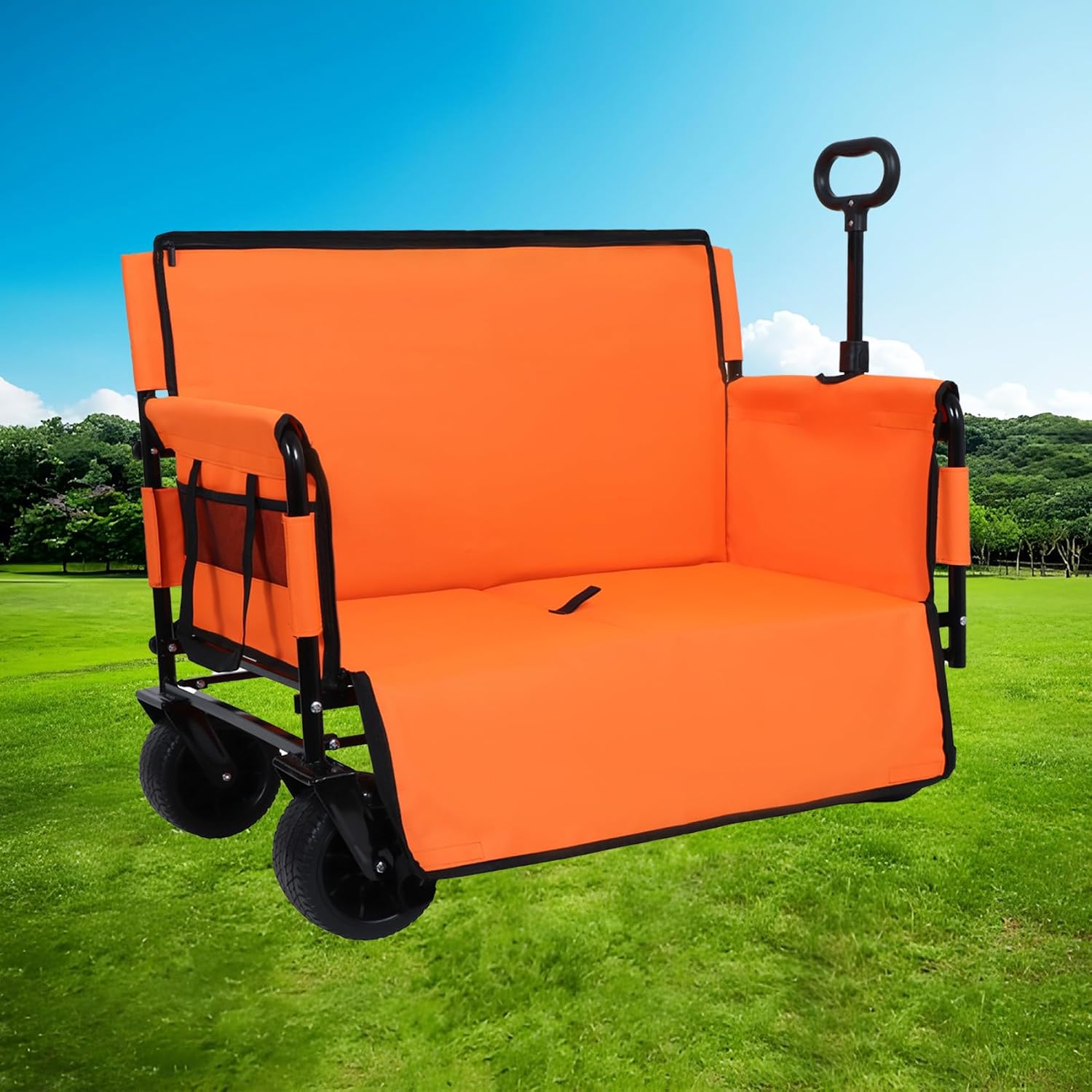 3-in-1 Convertible Folding Wagon Cart with Bench Seat & Storage, Wagon Bench, 550lbs/220L Heavy-Duty Utility Wagon, 180L Capacity All-Terrain Wheels (Orange)