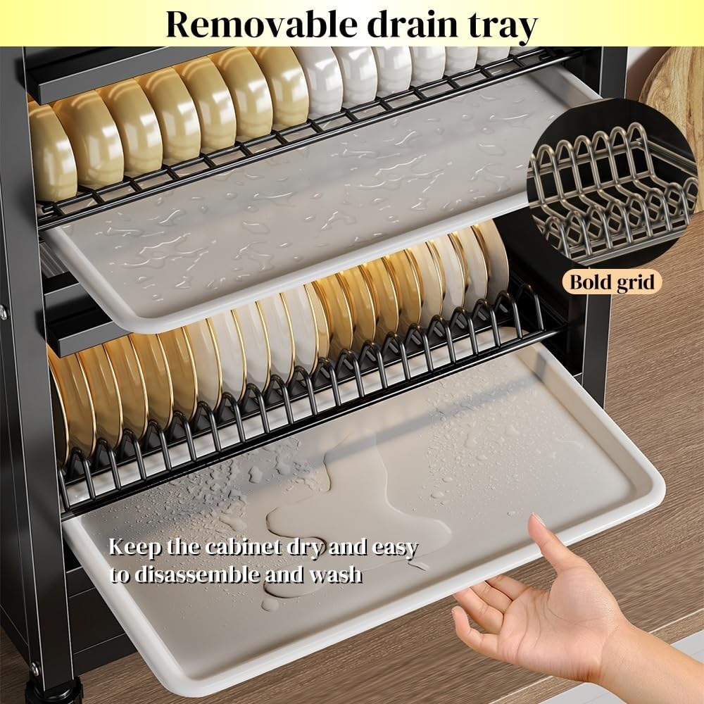 Kitchen Countertop Dish Cabinet with Drawers, Countertop Pantry with Drain Trays and Doors, Multifunctional Microwave Oven Rack, Space-Saving Dish Organizer for Dining room(Black,22.4''x11.4''x28'')