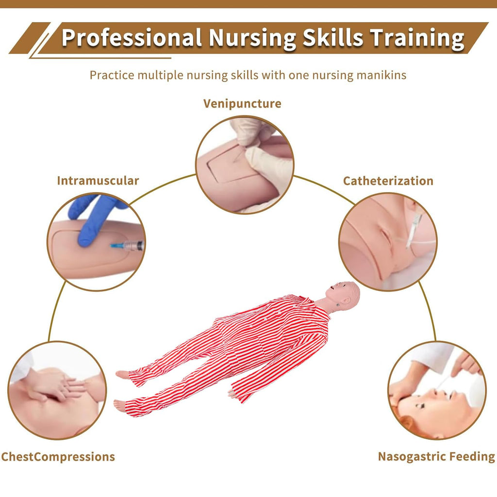 Patient Care Nursing Medical Manikin, Multifunction CPR Human Manikins 25 Items Nurse Skills Wound Demonstration with 3 Muscle Module & Patient Gown & Urinary Catheter for Teaching Pratice