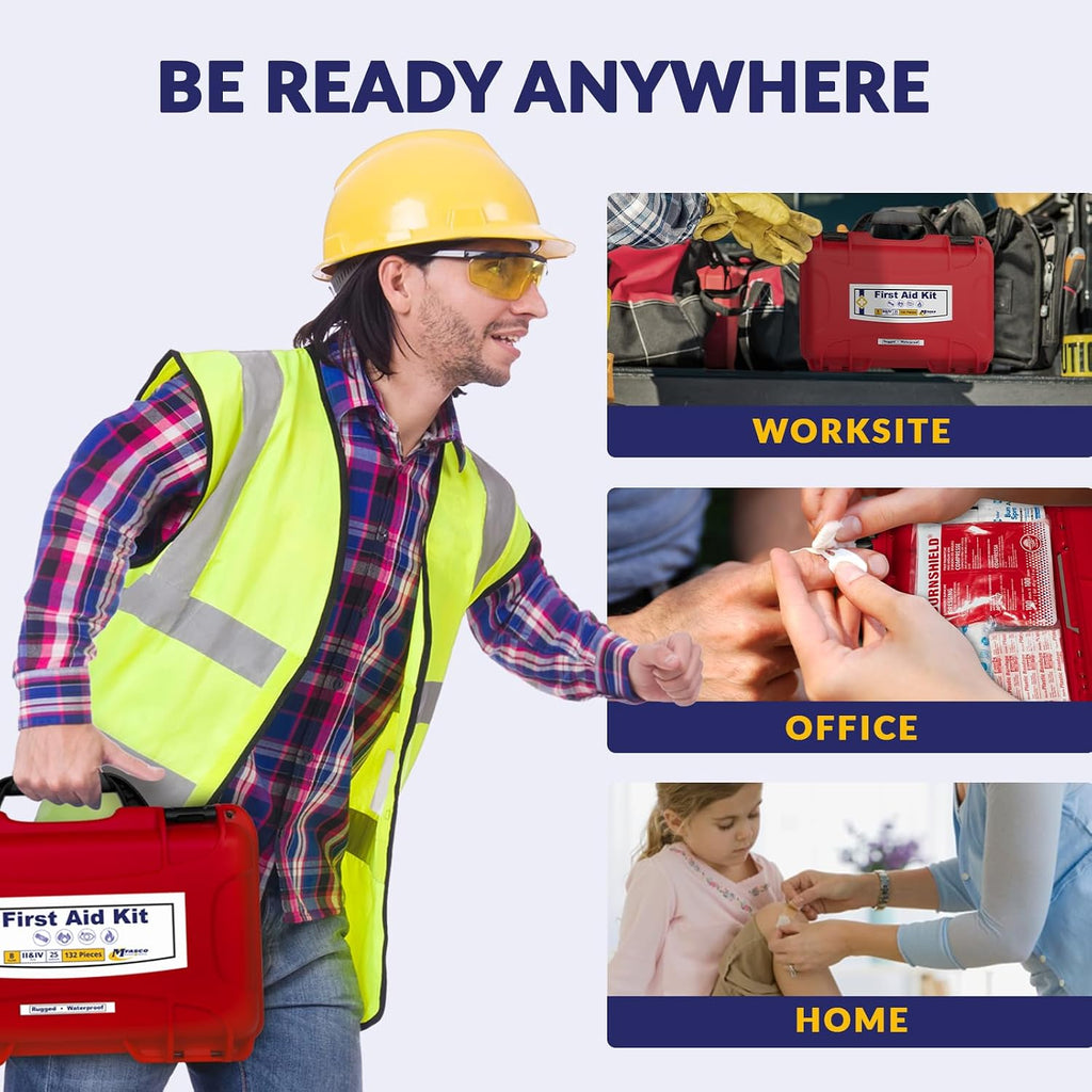 MFASCO 2021 OSHA/ANSI Class B First Aid Kit | Waterproof Rugged Case, Type II & IV - Emergency Medical Supplies for Businesses, Construction Environments, and Jobsites | Portable and Outdoor Ready
