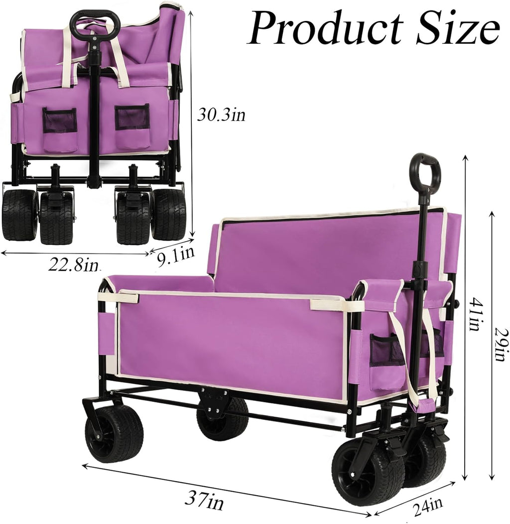 Convertible Folding Wagon Cart, 500lbs Heavy-Duty Utility Wagon with Bench Seat & Storage, 180L Capacity, All-Terrain Wheels for Camping, Beach, Sports, Garden