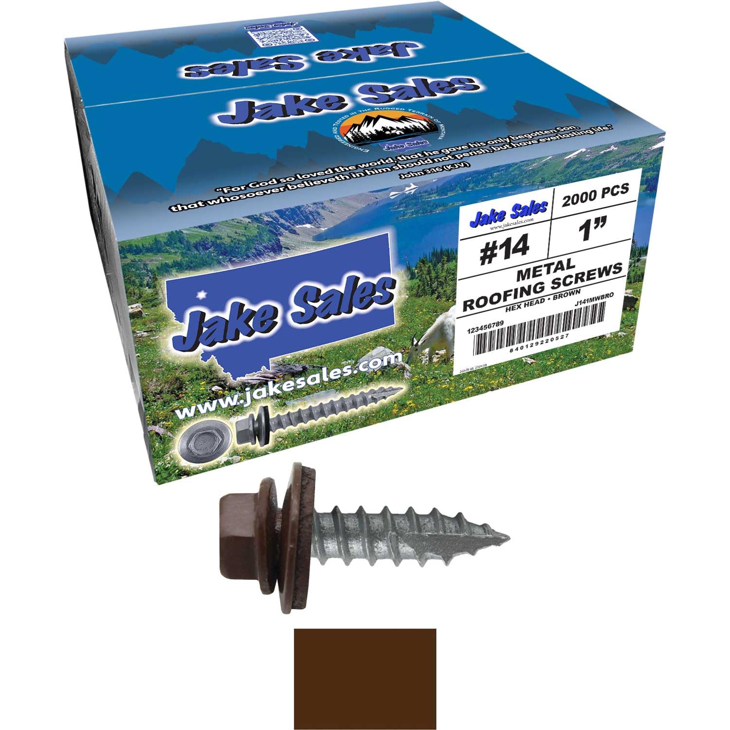 14 x 1 Brown Metal Roofing Screws - Hex Washer Head- Self-Starting/Tapping - EPDM Washer. 8 X 250 Bags - 2,000 Screws