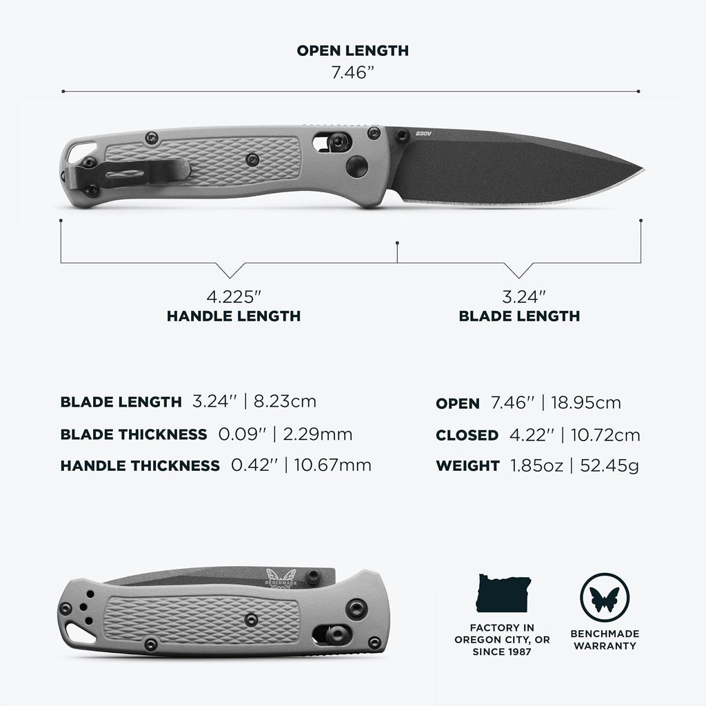 Benchmade - Bugout Outdoor EDC Folding Knife, Slim, Lightweight, Plain Edge, Drop-Point Blade, CPM-S30V Stainless Steel (58-60HRC), Grivory Handle (535BK-08)