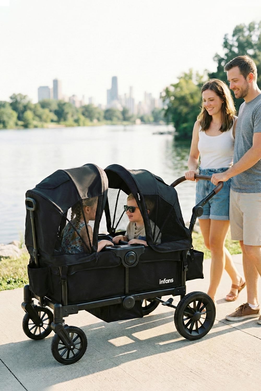 INFANS Wagon Stroller for 2 Kids, Collapsible Adjustable Push Pull Handle Bar, 2 Seater Stroller Wagon with Removable Canopy Snack Tray, Comfortable Drop-Down footwell and Upholstered Seats