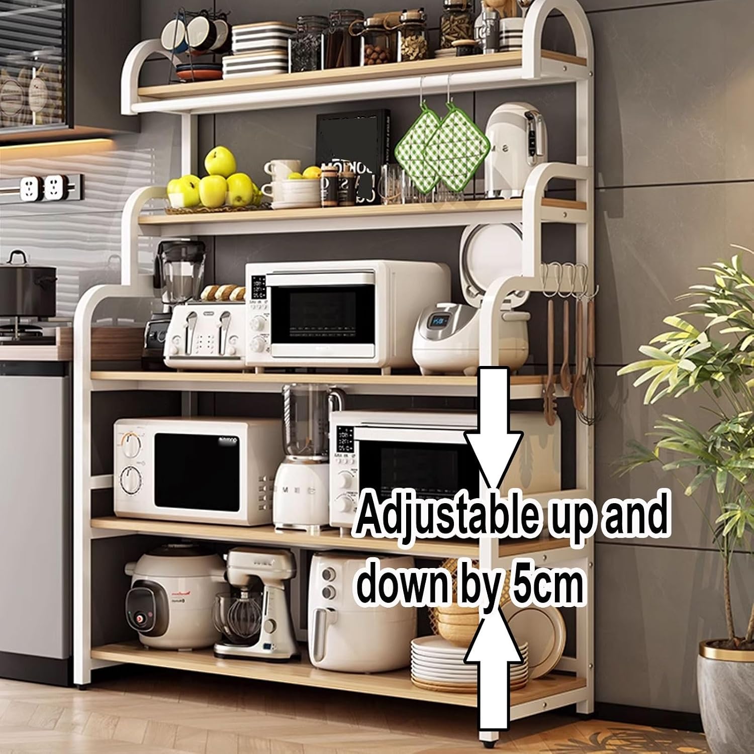 Microwave Stand with Storage Cabinet Made of Iron Frame and Wooden Boards Bakers Rack Kitchen Cupboard with Casters Kitchen Furniture Pantry Cupboard(Color:B,Size:70 * 40 * 165CM)