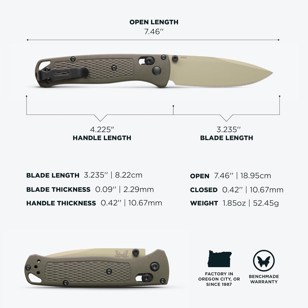 Benchmade - Bugout Outdoor EDC Folding Knife, Slim, Lightweight, Plain Edge, Drop-Point Blade, CPM-S30V Stainless Steel (58-60HRC), Grivory Handle (535TN-11)