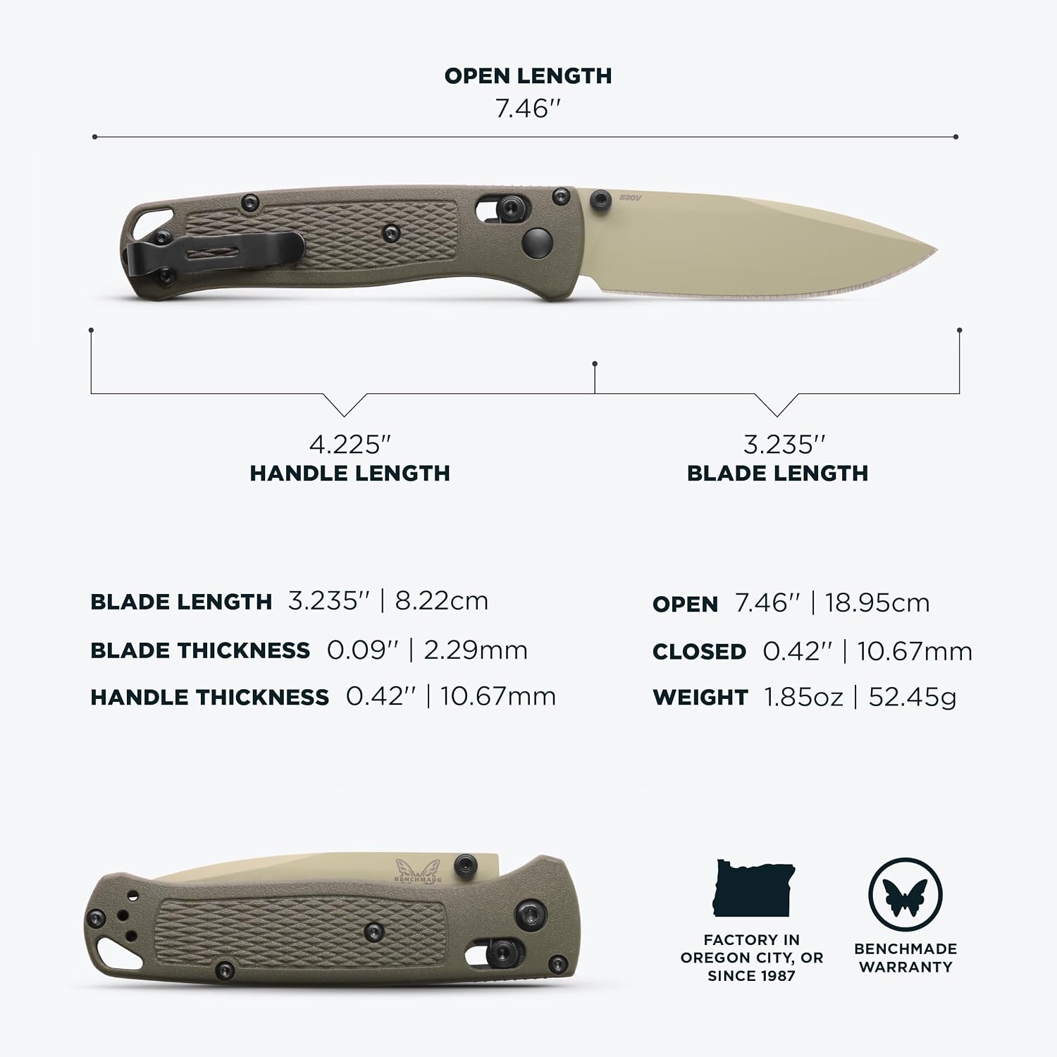 Benchmade - Bugout Outdoor EDC Folding Knife, Slim, Lightweight, Plain Edge, Drop-Point Blade, CPM-S30V Stainless Steel (58-60HRC), Grivory Handle (535TN-11)
