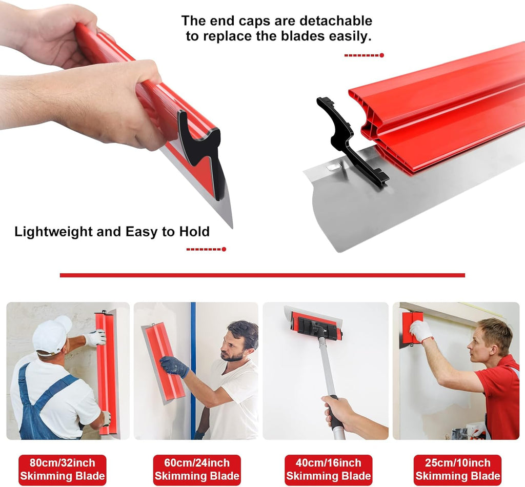 suokoun Drywall Skimming Blade Set with Case, 10/16/24/32inch Stainless Steel Skimming Blades, 7/9inch Compound Rollers, 28'-62' Extension Handle, Putty Knives Arc Scraper for Wallboard