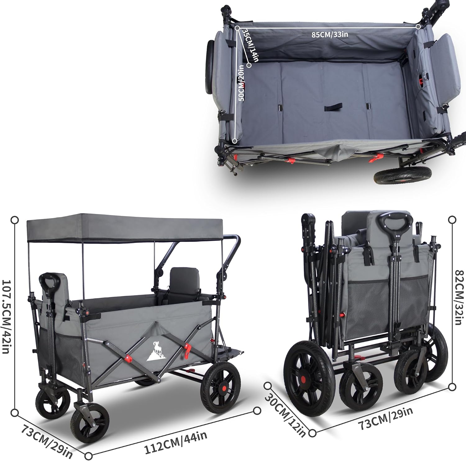 Collapsible Foldable Wagon Cart with All Terrain Wheels &Canopy& 2 Seats- Heavy Duty Utility Wagon 265 lbs Capacity for Camping, Garden, Shopping (Grey)