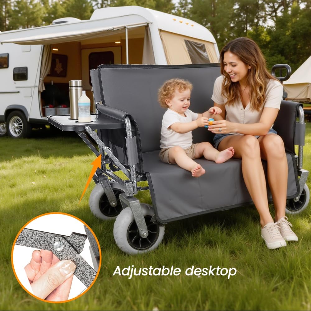 Heavy-Duty Folding Wagon with Bench Seat and Rear Folding Tabletop – 500-Pound Capacity, All-Terrain Beach Wheels for Outdoor Use (Gray + Steel)