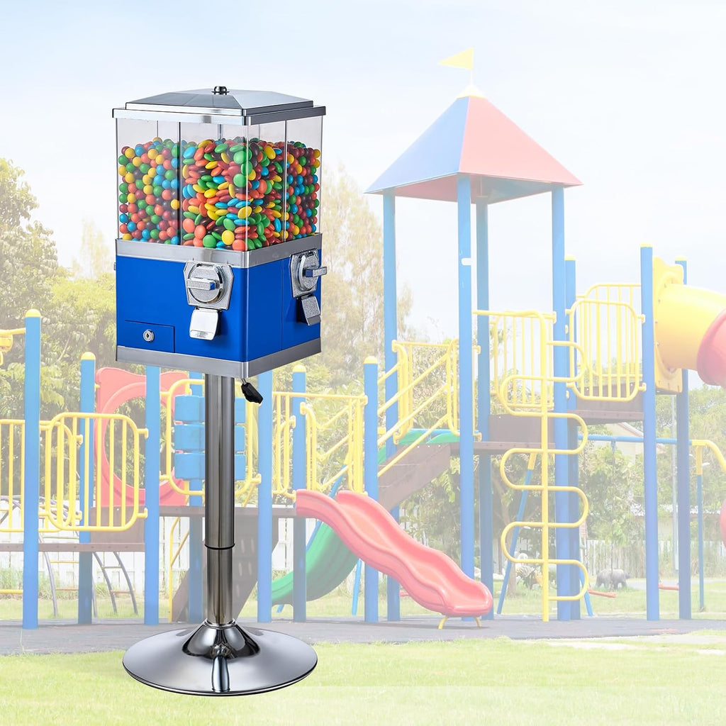 VEVOR Commercial Vending Machine, Four Compartment Rotatable Gumball and Candy Dispenser, Adjustable Height Coin Operated Candy Bank with Iron Stand, for Business Toy Capsules Bouncy Balls Nut, Blue