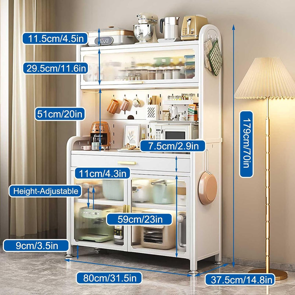 Tall Black Kitchen Bakers Rack with Adjustable Shelf Drawer and 5 Tier Storage Multifunctional Microwave Stand Buffet Coffee Bar Cabinet Pantry Storage Organizer