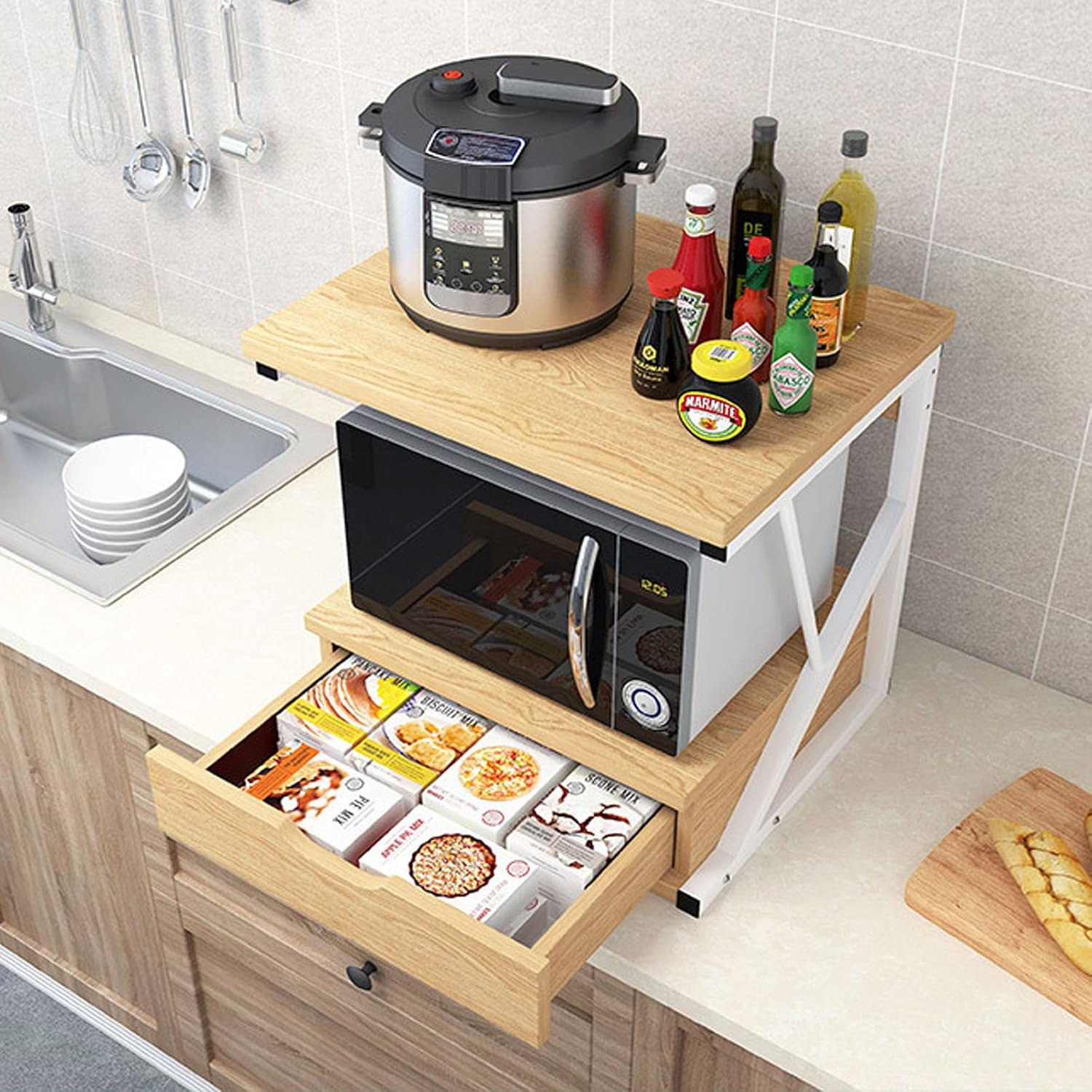 Kitchen Organizer Microwave Storage Rack 2-Tier Kitchen Baker's Rack, Microwave Oven Rack Kitchen Counter Storage Organizer, Wood Kitchen Shelf Rack with Drawer Stand/Wood Color