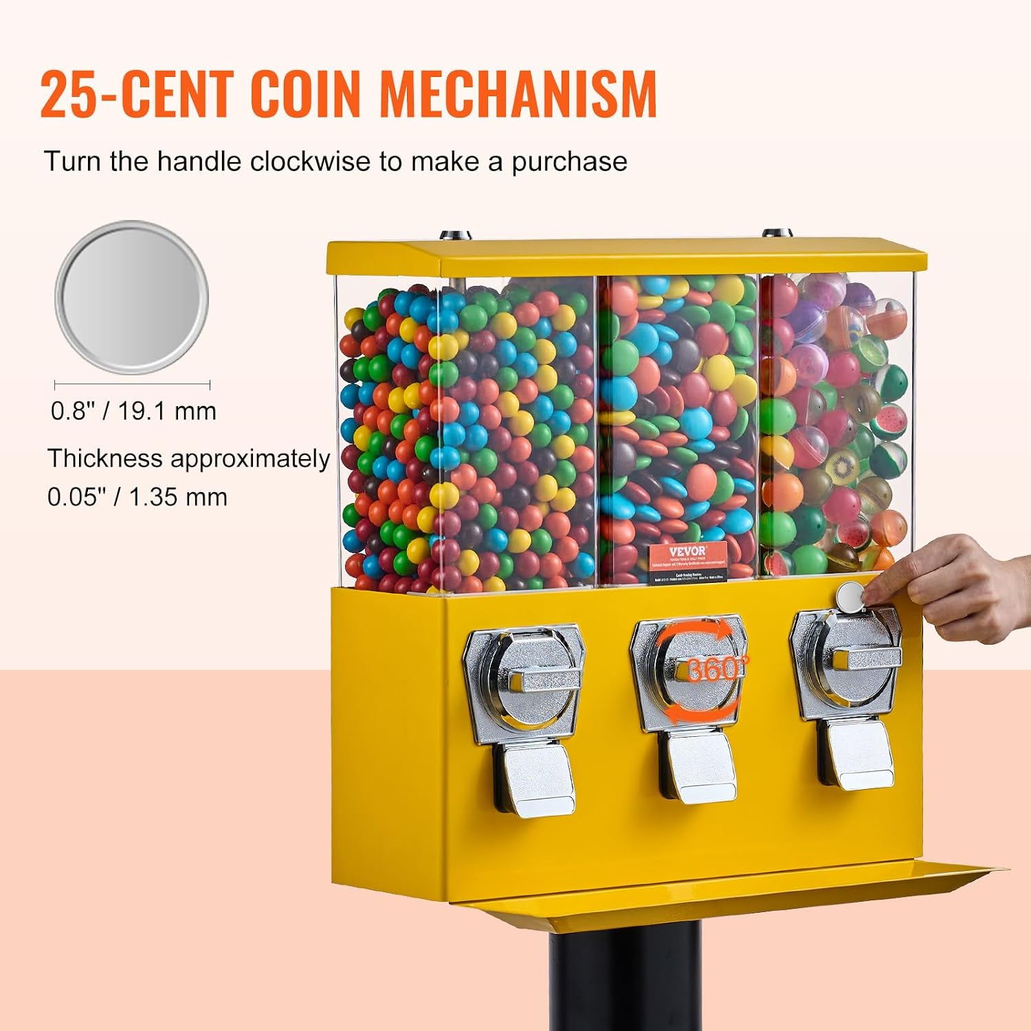 VEVOR Commercial Vending Machine, Triple Compartment Candy Dispenser with Iron Stand, Gumball and Candy Machine for Business, Coin Operated Gumball Bank for Toy Capsules Bouncy Balls Candy Nut, Yellow