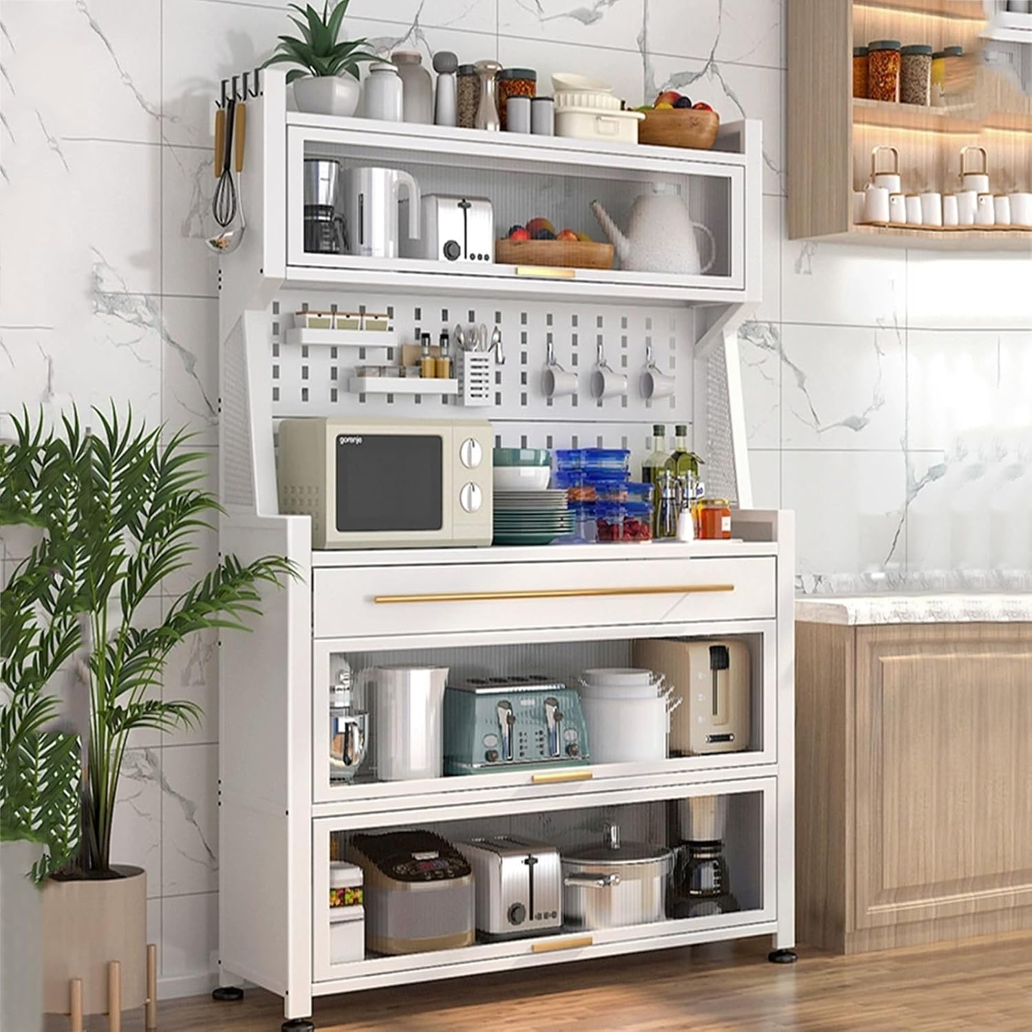 Kitchen Storage Cabinet, Bakers Racks for Kitchens with Acrylic Door, with Drawers, DIY Backplane Creative, Metal Frame(White-60Cm)