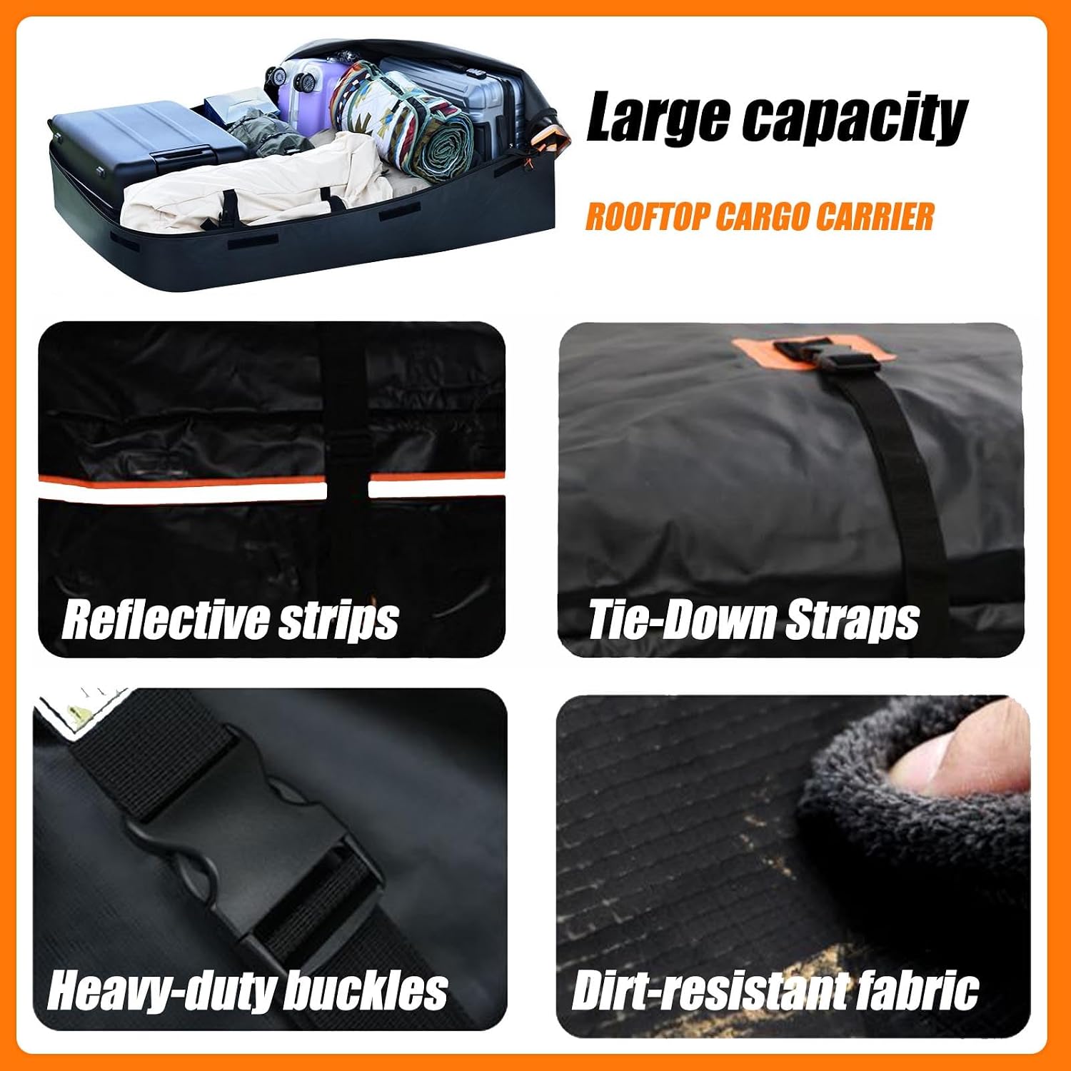 Car Roof Bag Top Cargo Carrier for Seat Leon ST FR Wagon 2020-2025, Water-Resistant Strong Fabric Cargo Bag with/Without Rack for Travel & Camping,425L/109 * 86 * 43cm-Black&Orange