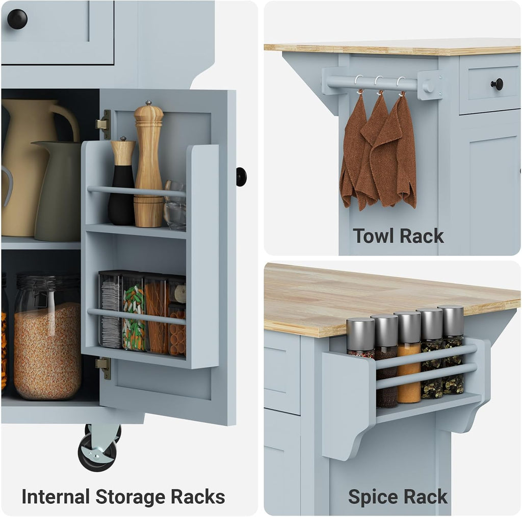 Rovibek Kitchen Island with Drop Leaf 53in Rolling Kitchen Island On Wheels with Storage Mobile Kitchen Island Cart Portable with Drawer and Storage Cabinet, Spice Rack, Towel Rack, Grayish Blue