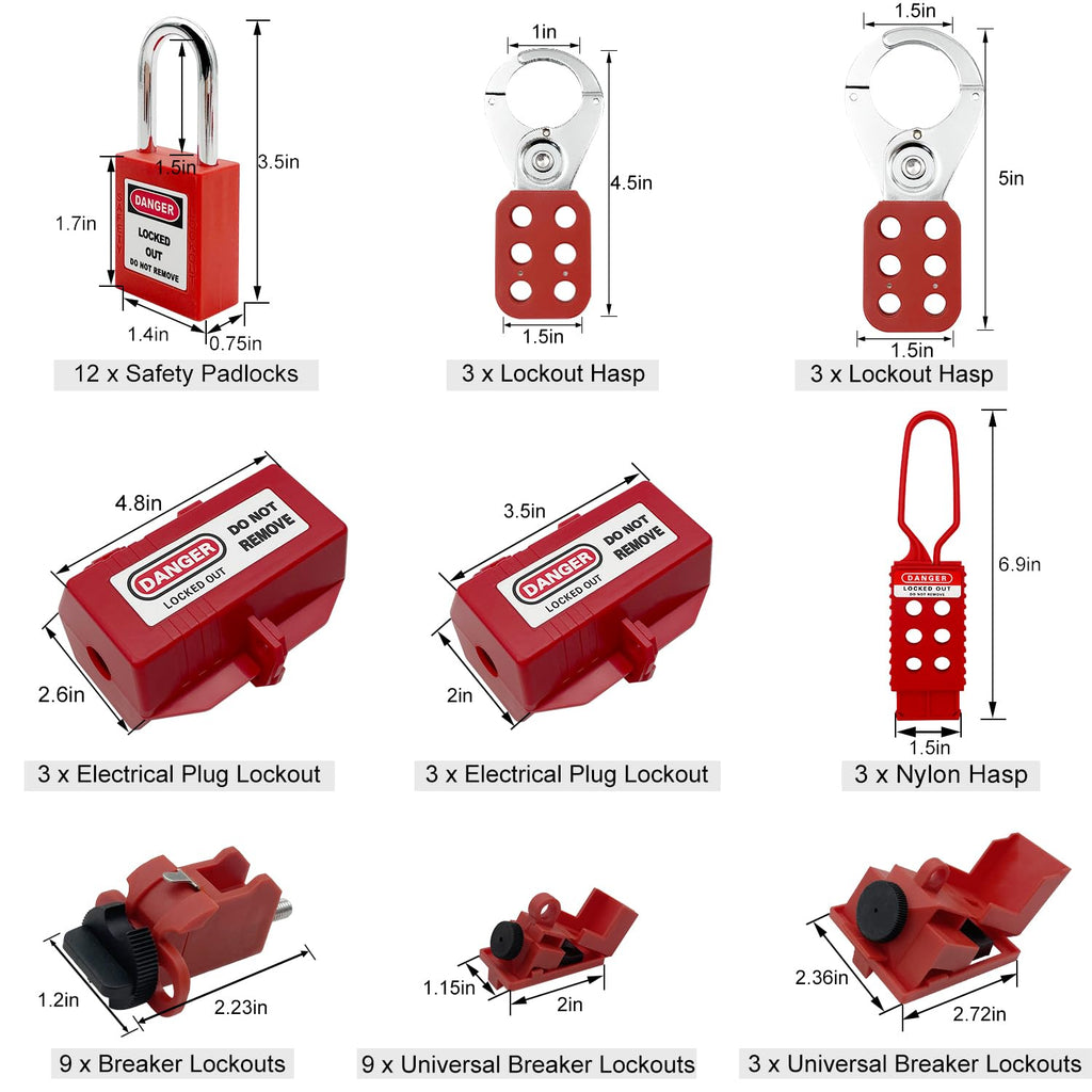 SAFBY 3-in-1 Lockout Tagout (Loto) Kit–Complete OSHA Safety Group Lock Out Hasps, Tag Out Clamp-On Circuit Breaker Lockout for Universal Multi- Pole Breaker Electrical Kits Station (3 Kits in 1)