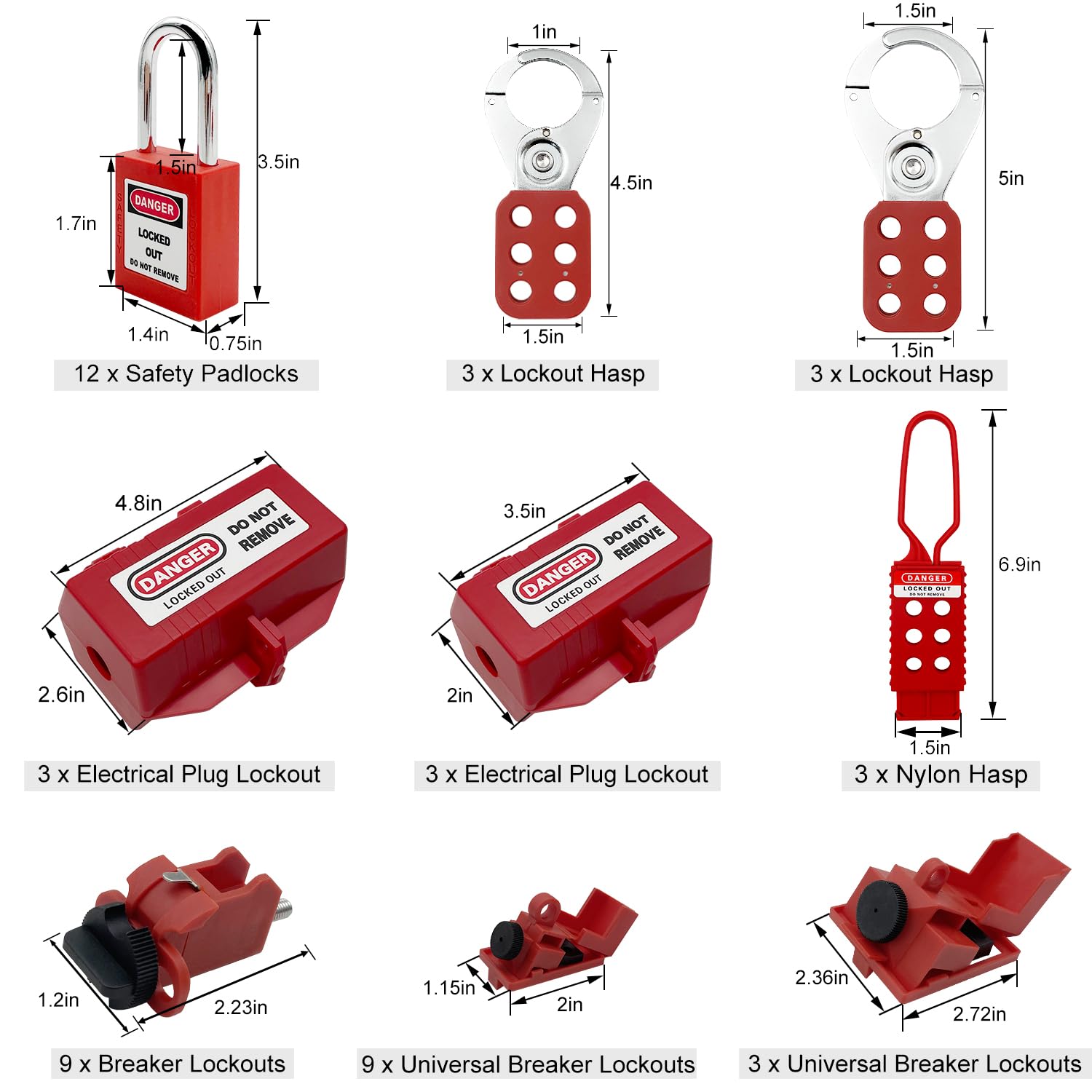 SAFBY 3-in-1 Lockout Tagout (Loto) Kit–Complete OSHA Safety Group Lock Out Hasps, Tag Out Clamp-On Circuit Breaker Lockout for Universal Multi- Pole Breaker Electrical Kits Station (3 Kits in 1)