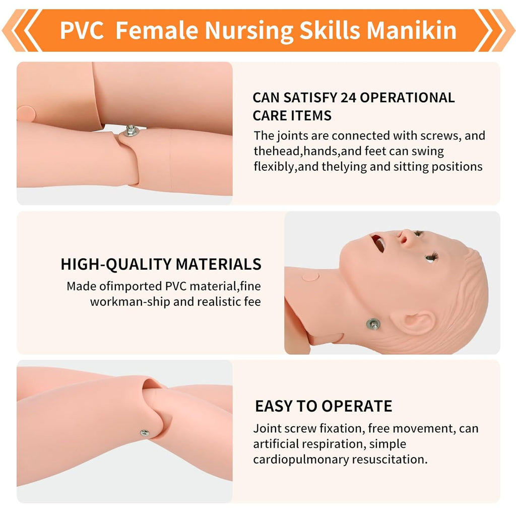 Patient Care Medical Manikin, 5.24ft Life Size Patient Human Model Multifunction Demonstration Mannequin with 3 Muscle Module & Patient Gown & Urinary Catheter for Teaching Pratice