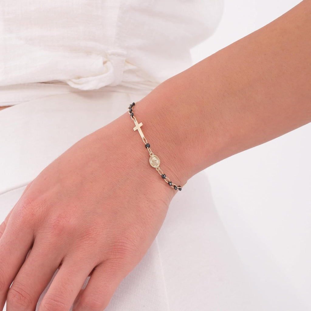 MIONZA 14K Solid Gold Rosary Sideways Cross Bracelet for Women, Adjustable Cross Bracelet, Religious Charm Catholic Jewelry, Christian Baptism Gift for Her