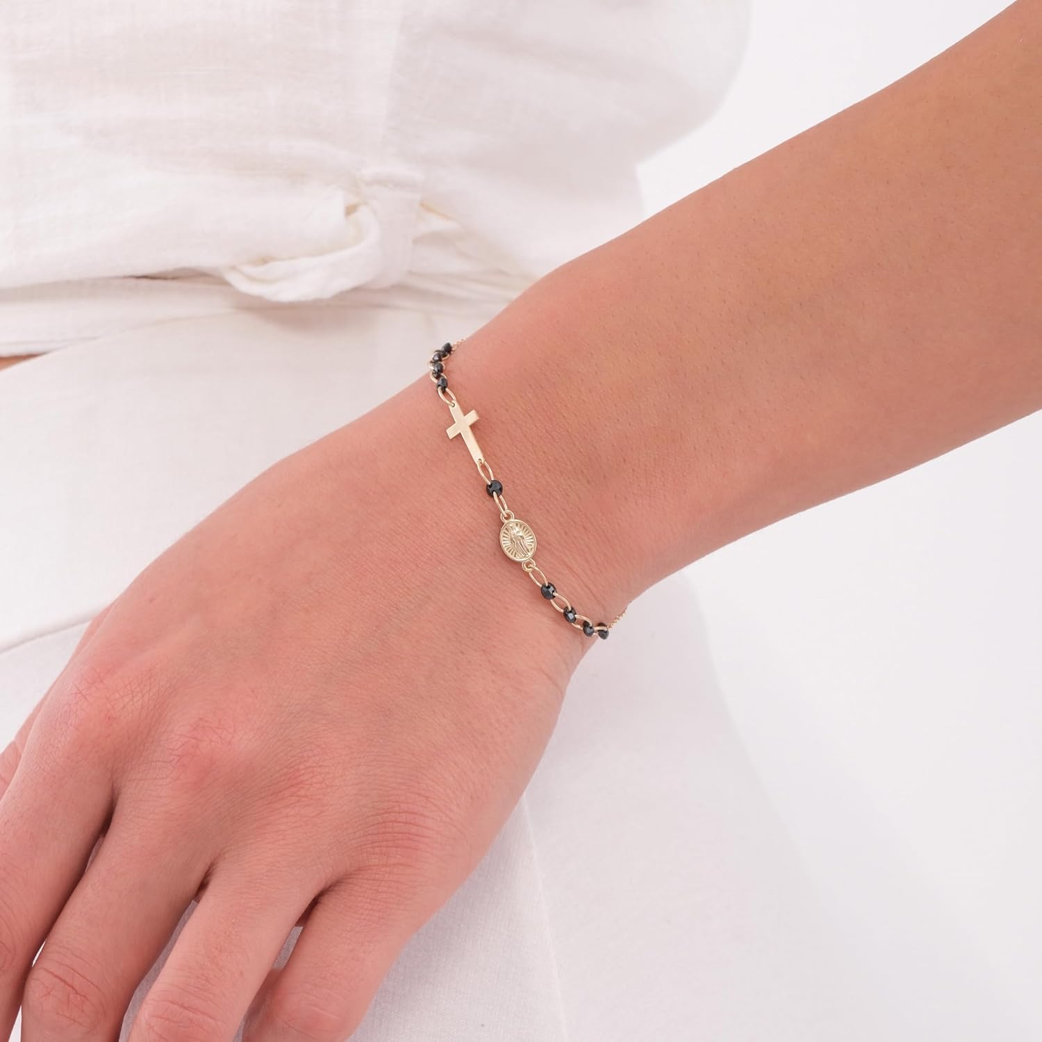 MIONZA 14K Solid Gold Rosary Sideways Cross Bracelet for Women, Adjustable Cross Bracelet, Religious Charm Catholic Jewelry, Christian Baptism Gift for Her