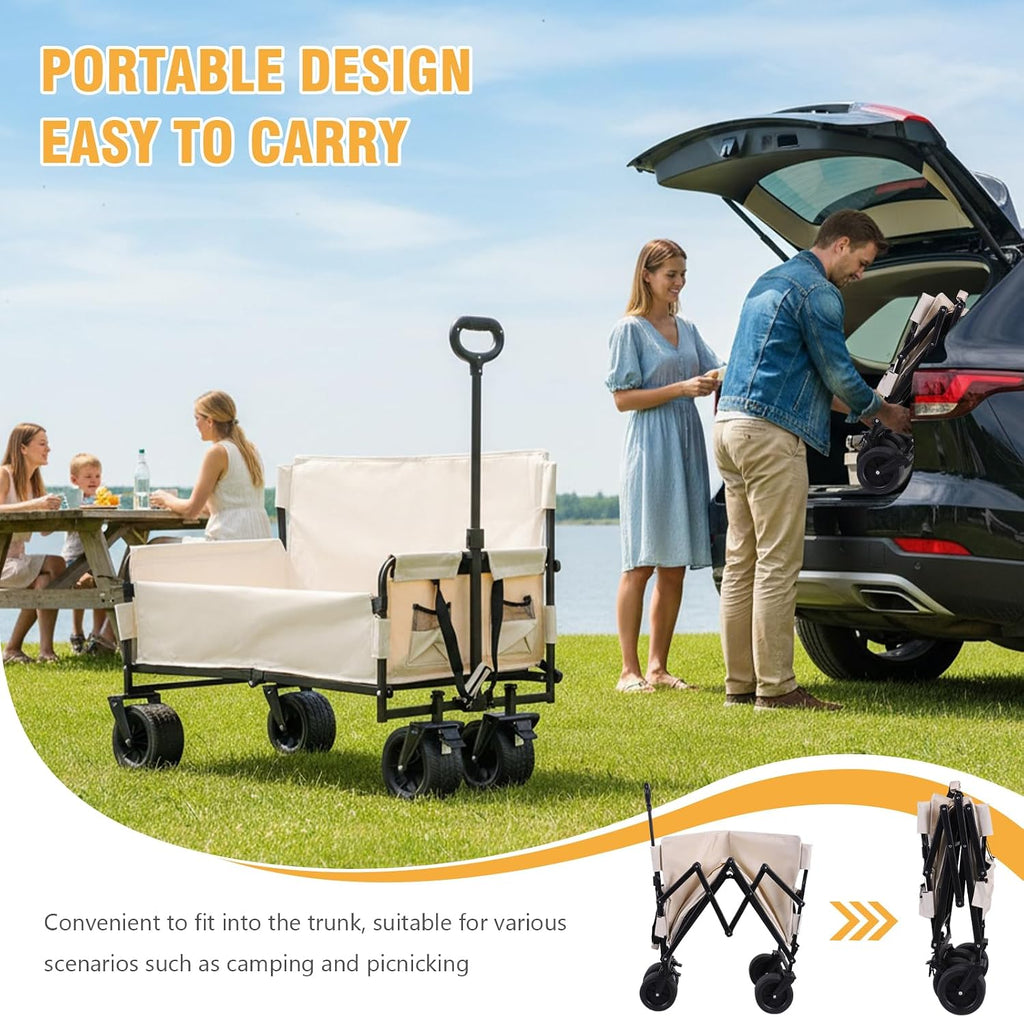 Large Capacity Collapsible Wagon Cart with Big Wheels Heavy Duty Collapsible Utility Wagon for Groceries Garden Sport (Beige)