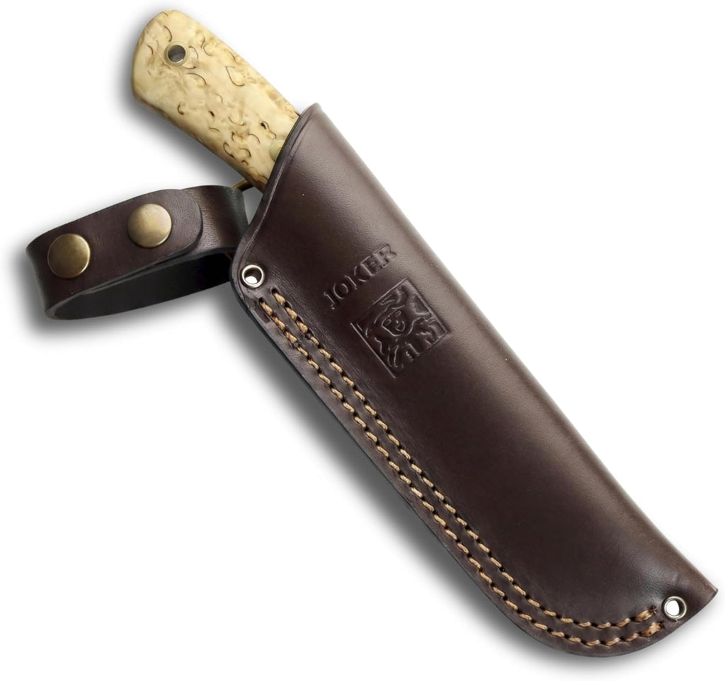 Joker Nessmuk CL136 Bushcraft Knife, 4.33 in Sandvik 14C28N Stainless Steel Flat Grind Blade, Curly Birch Handle and Brown Leather Sheath, for Bushcraft, Camping, Hiking and Field Tasks