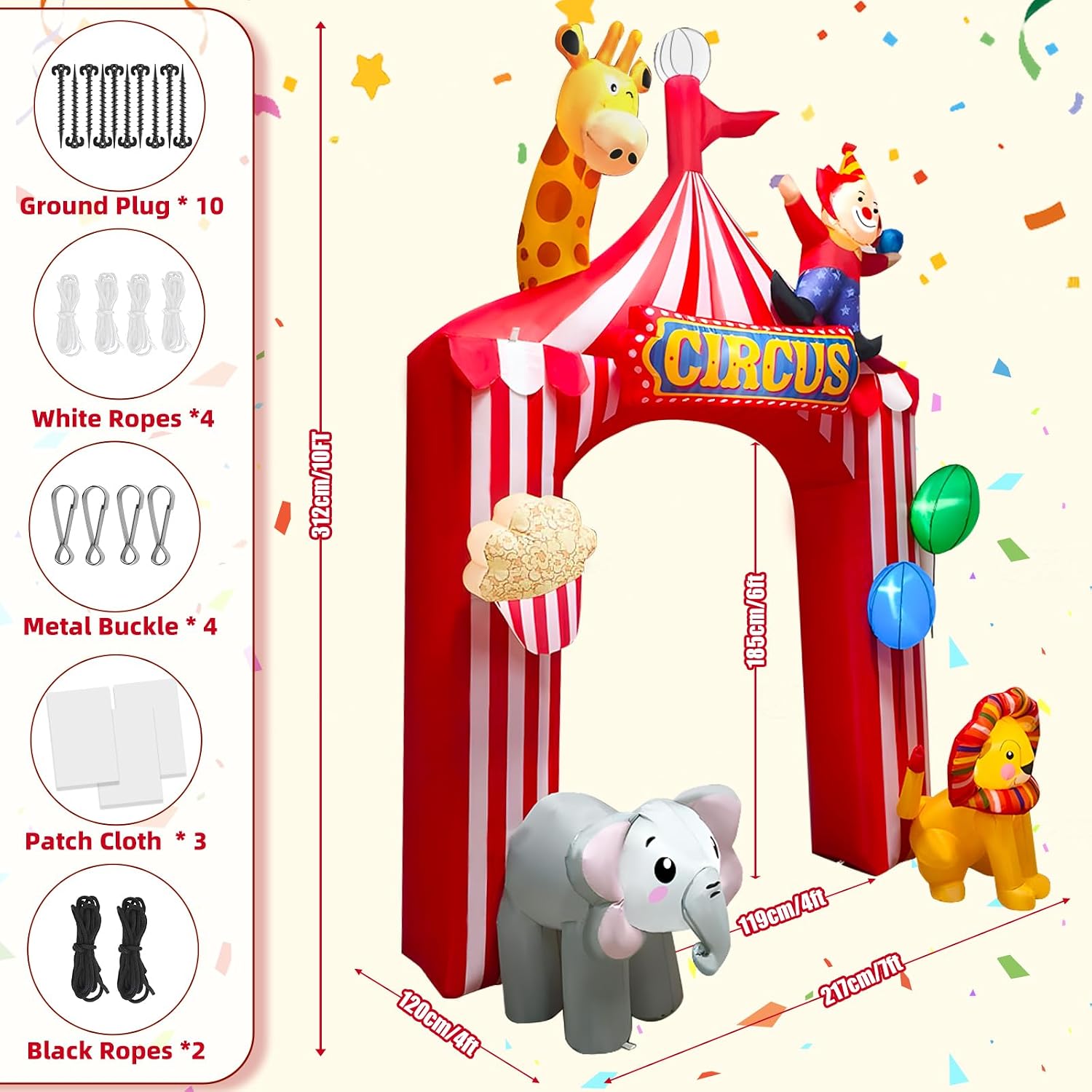 Kalolary 10FT Circus Party Arch Outdoor Decoration Inflatable, Blow Up Animal Inflatable with Built-in LED for Carnival Theme Birthday Halloween Christmas Outdoor Yard Garden Decor