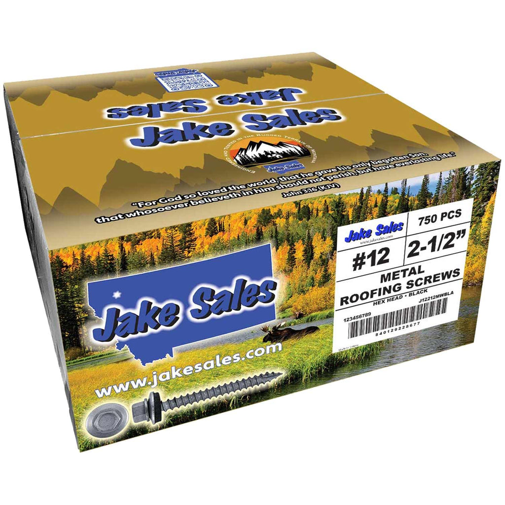 12 x 2-1/2' Black Metal Roofing Screws - Hex Washer Head- Self-Starting/Tapping - EPDM Washer. 3 X 250 Bags - 750 Screws