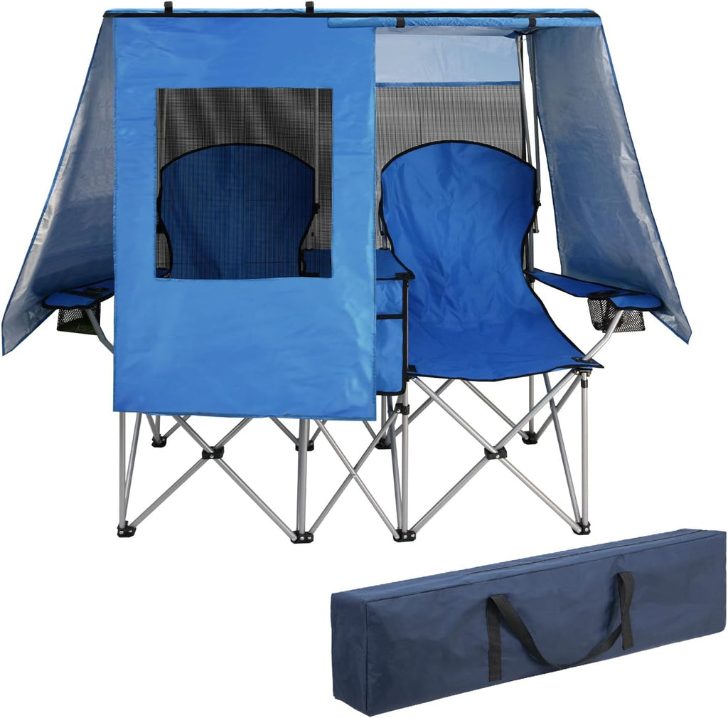 BESTHLS Double Camping Chair with Canopy Shade - Heavy Duty 600D Outdoor Loveseat for Adults, 2-Person Beach Chair with Umbrella, Folding Camp Loveseat for Fishing, Sports, Patio (Blue)