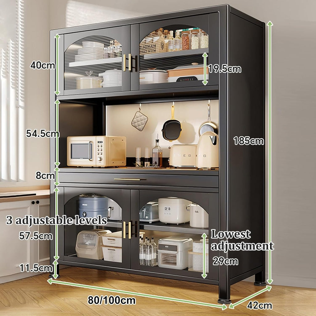 73' Microwave Stand with Drawer, Tall Bakers Rack with Cabinet, Adjustable Kitchen Cabinets with Countertop & Glass Doors
