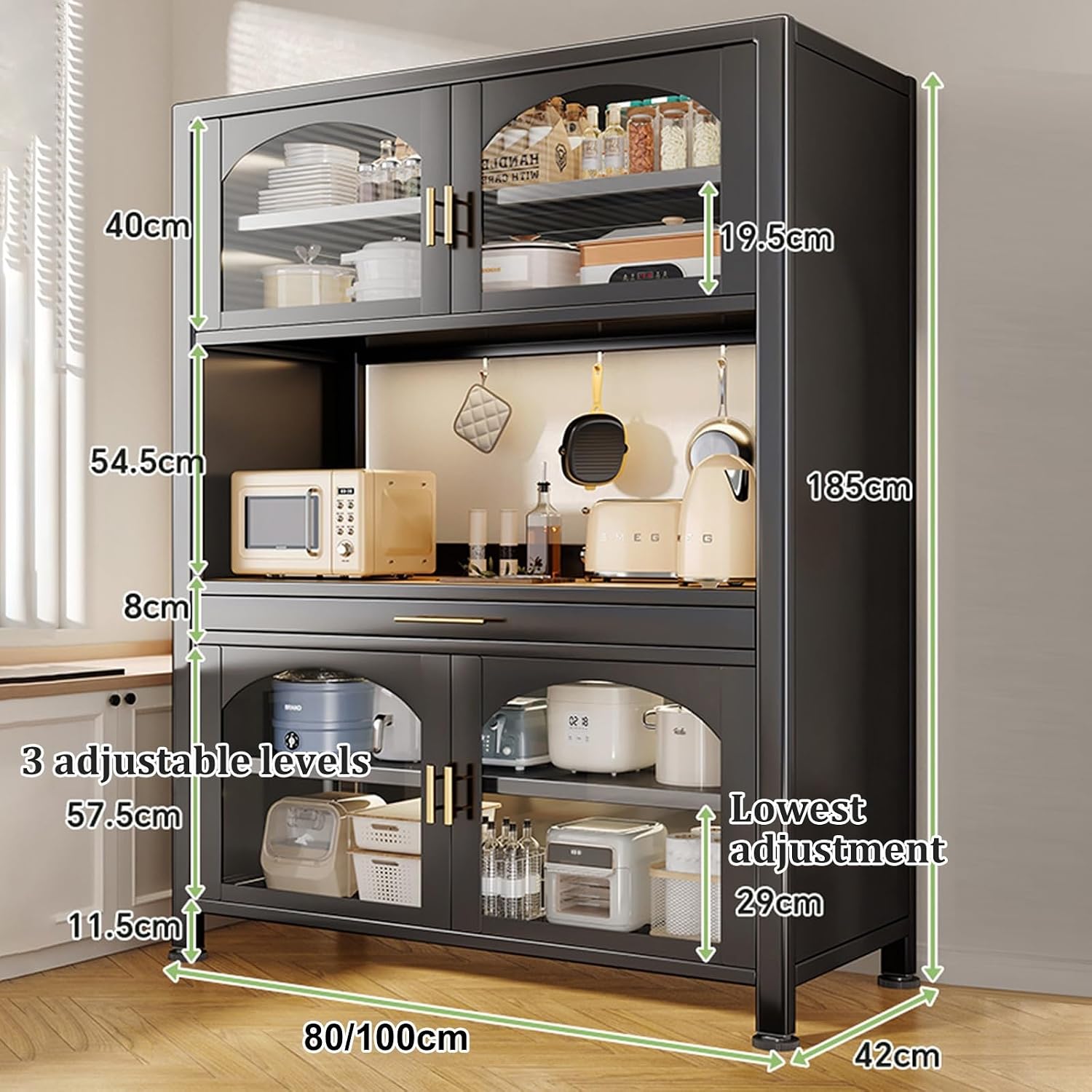 73' Microwave Stand with Drawer, Tall Bakers Rack with Cabinet, Adjustable Kitchen Cabinets with Countertop & Glass Doors