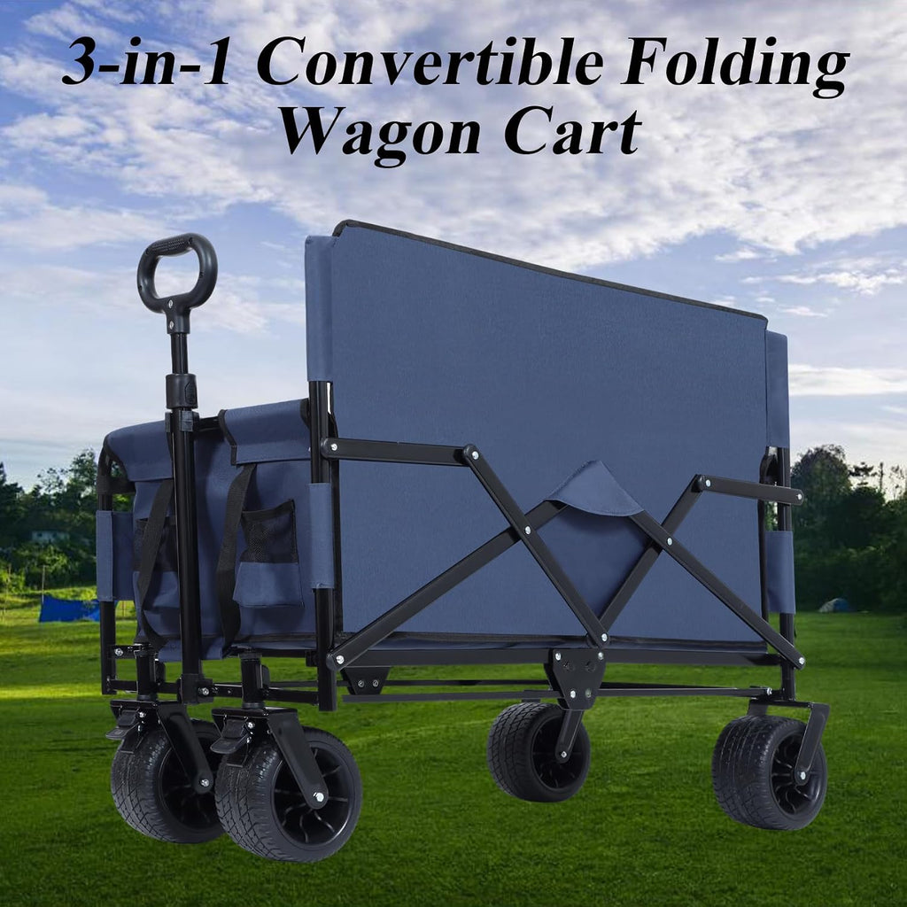 Convertible Folding Wagon Cart, 500lbs Heavy-Duty Utility Wagon with Bench Seat & Storage, 180L Capacity, All-Terrain Wheels for Camping, Beach, Sports, Garden