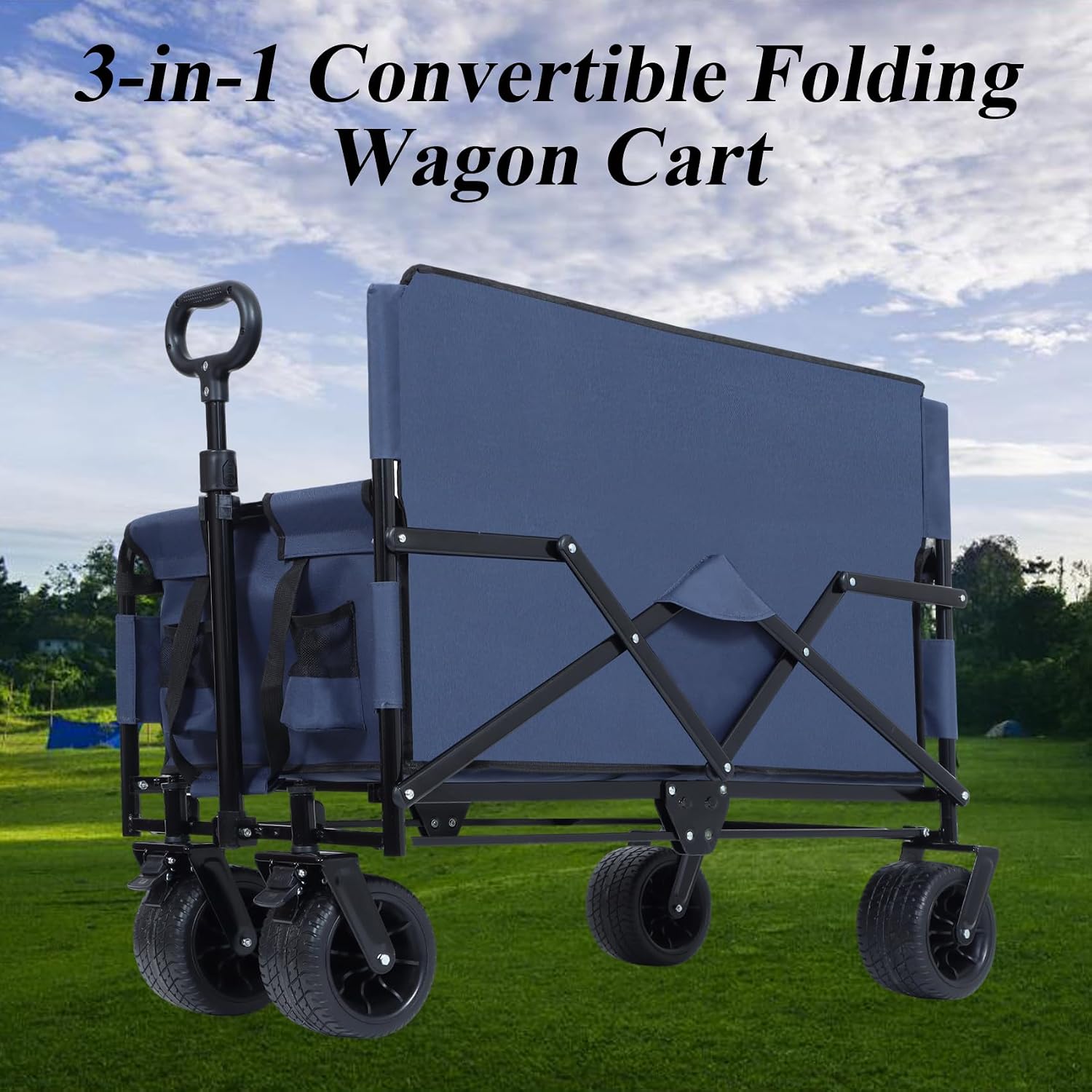 Convertible Folding Wagon Cart, 500lbs Heavy-Duty Utility Wagon with Bench Seat & Storage, 180L Capacity, All-Terrain Wheels for Camping, Beach, Sports, Garden